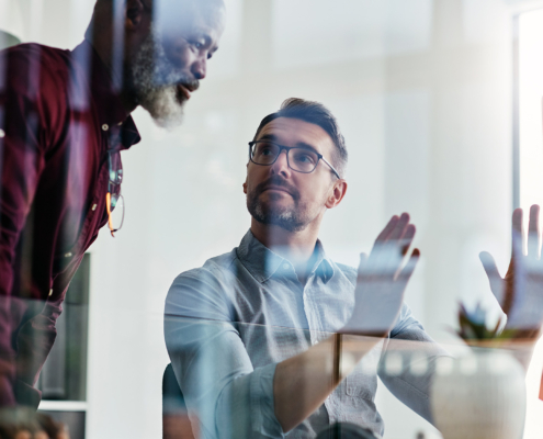Business people, manager and collaboration on computer